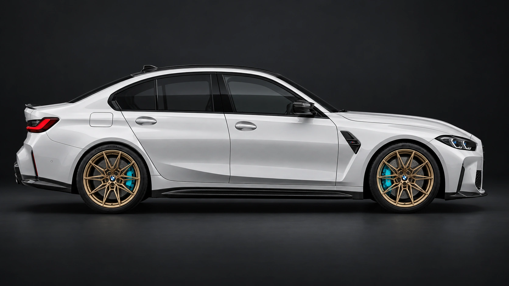 White BMW M3 G80 with gold alloy wheels and turquoise brake calipers
